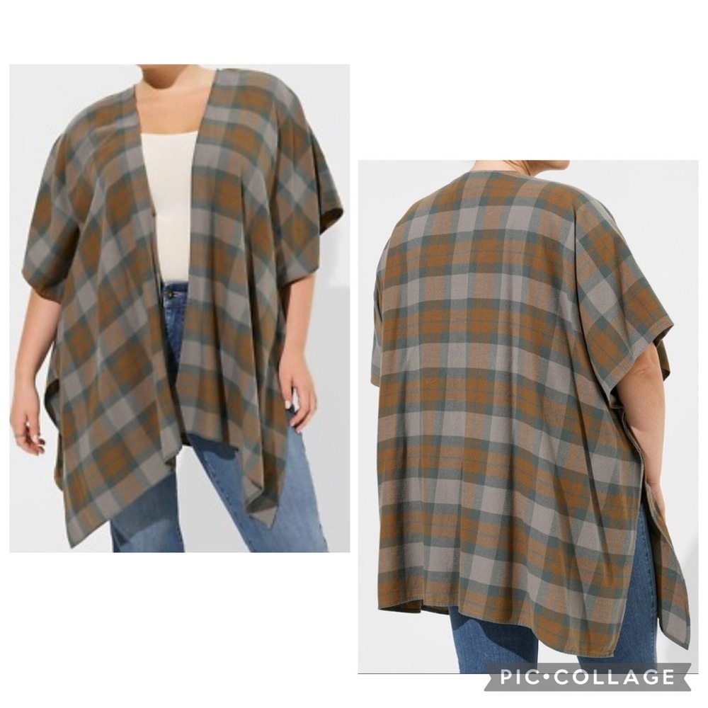 TORRID X OUTLANDER Women’s Brown Multi Tartan Dolman Kimono Plaid Flannel Sz 1X
